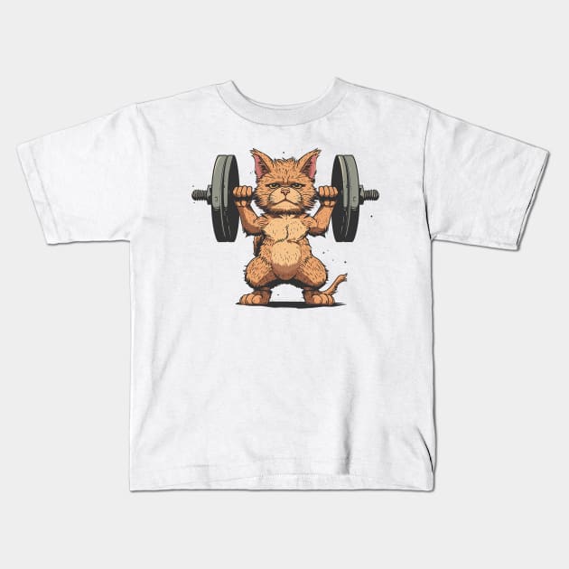 cat lifting weight Kids T-Shirt by weirdesigns